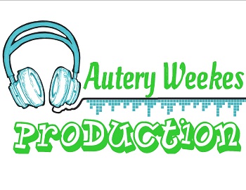 A logo picture illustrating a blue and black headphone with a design line that goes straight across to the right. On top of the line it says 'Autery Weekes' in green, and below the line it says 'Production' in green with a different font, starting from the headphone to the end of the line.